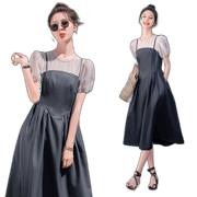 Korean Chic Minimalist Matchy-Matchy Splicing Fake Two-Piece French Dresses High Grade Gray 2Xl Gentle Wind Fairy Classical Leisure