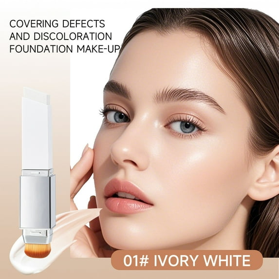 Korean Color-Changing Foundation Stick, Medium to Full Coverage, Dewy Hydrating Base Makeup, Dual-Ended with Detachable Brush for Flawless Look Natural