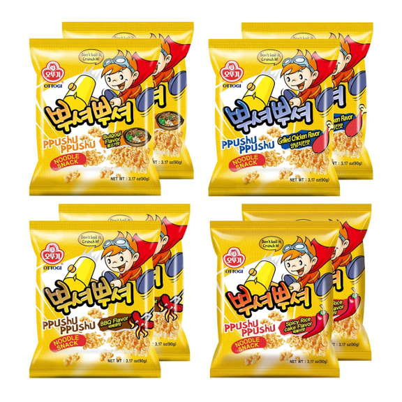 Korean Crunchy Noodle Snack Variety Pack, Crush & Shake Ramen Snack, BBQ, Bulgogi, Grilled Chicken & Spicy Rice Cake Flavors, 3.17 oz (8 Packs), Savory Seasoned Snack
