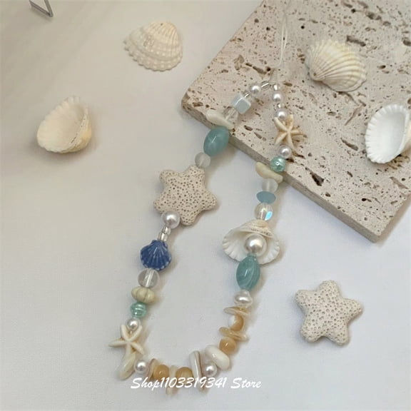 Korean Cute 3D Shell Star Starfish Beaded Phone Charm Chain Lanyard For iPhone Samsung Universal Anti-Lost Hanging Rope Jewelry