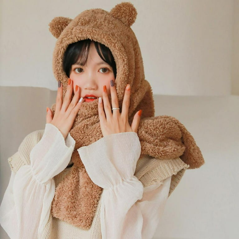 Korean Cute Bear hat scarf thick plush Solid Color Hooded Warm Scarf