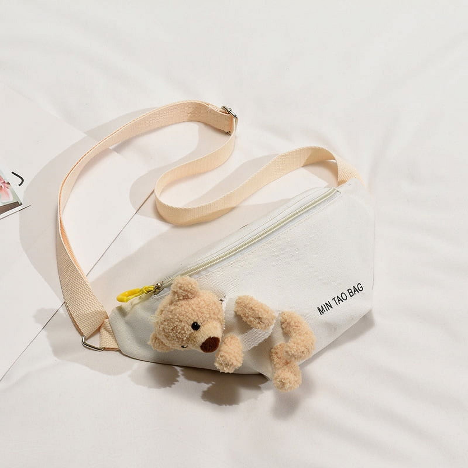 Korean Cute Canvas Belt Bag Waist Chest Sling Bags For Women with Bear Doll  Zipper Design