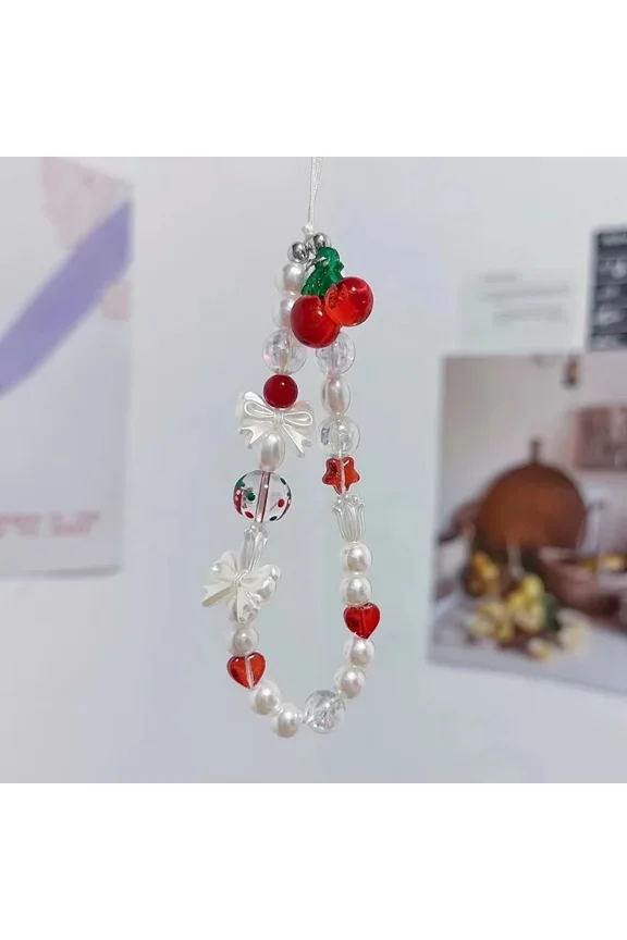 Korean Cute Red Cherry Bow Pearl Phone Chain Lanyard Charm Strap Wrist Bead Hanging Cord Bracelet Keychain For iPhone Girl Rope