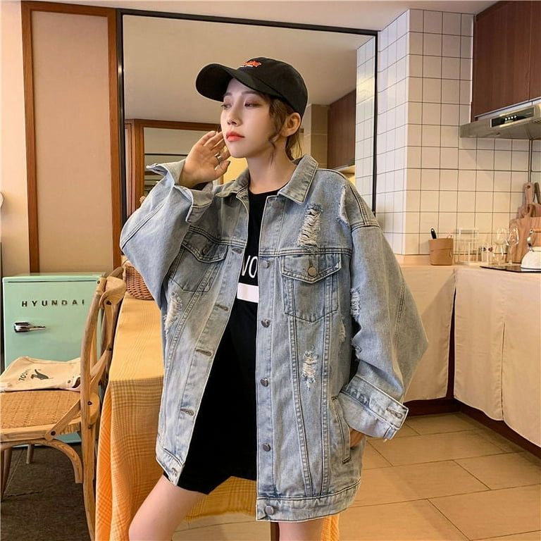 Korean Denim Jacket Women Outerwear Jeans Jackets Female Vintage Large Size Loose Streetwear Clothes Walmart