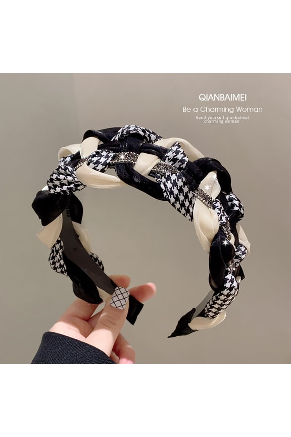 Korean Dongdaemun houndstooth hairband women's wide headband rhinestone elegant high-end high cranial top slimming headband