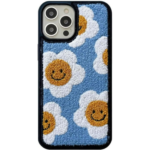 Korean Embroidered Sunflower Phone Case for iPhone 15 Pro Max Cute Floral Phone Case for Womens Girls Fluffy Soft Carpet Shockproof Trendy Back Cover for iPhone 15 Pro Max 6.7"(Egg Flower)