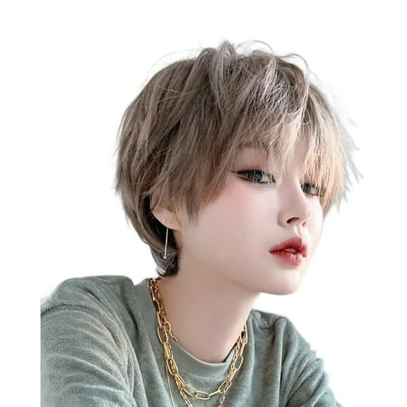 Korean Fashion 11 Inch Cool Short Bob Wig for Women, Natural Straight Synthetic Short Cosplay Wigs with Bangs For Cosplay and Daily Wear D-128, Honey Tea Linen