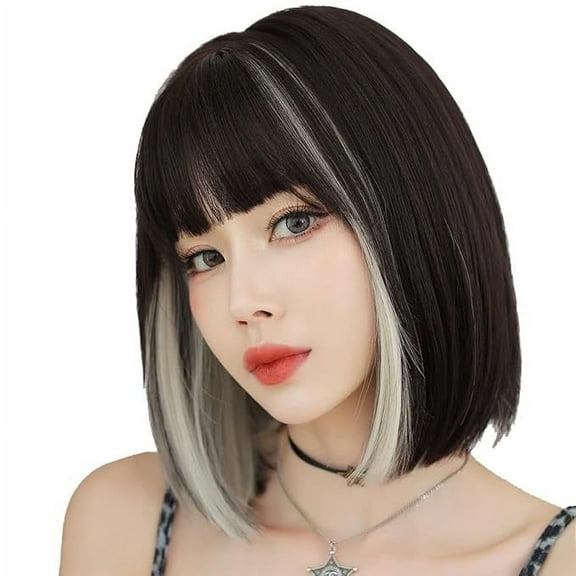 Korean Fashion 13 Inch Straight Short Bob Wig for Women, Natural Shoulder-Length Straight Synthetic Short Lolita Cosplay Wigs with Bangs For Cosplay and Daily Wear D123 Black & White