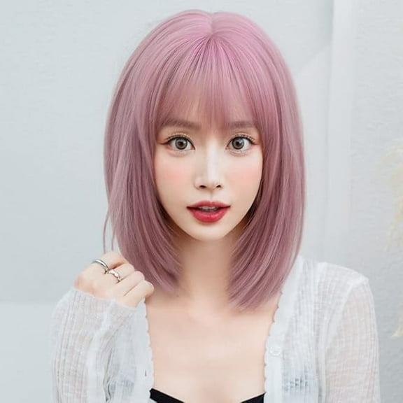 Korean Fashion 14 Inch Straight Short Bob Wig for Women, Natural Shoulder-Length Straight Synthetic Short Lolita Cosplay Wigs with Bangs For Cosplay and Daily Wear, D-133, Pink