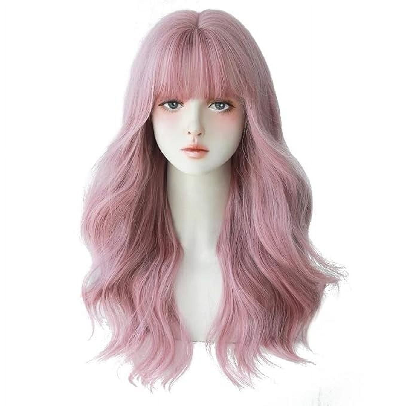 Korean Fashion 22 Inch Long Pink Curly Wavy Wig Bangs, Natural Heat-Resistant Synthetic Hair Wigs with Fringe For For Cosplay and Daily Wear, Pink (C-0338)