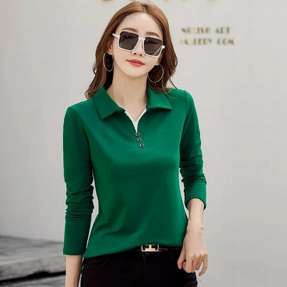 Korean Fashion Autumn Women’s Polo Shirt Cotton Long Sleeve T-Shirt With Button Solid Candy Color Knit High Quality Women Polo