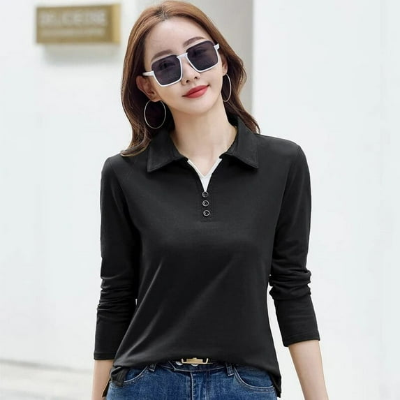 Korean Fashion Autumn Women’s Polo Shirt Cotton Long Sleeve T-Shirt With Button Solid Candy Color Knit High Quality Women Polo