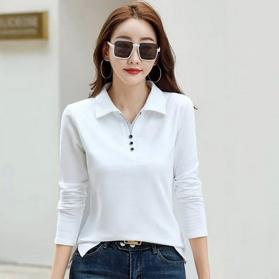 Korean Fashion Autumn Women’s Polo Shirt Cotton Long Sleeve T-Shirt With Button Solid Candy Color Knit High Quality Women Polo
