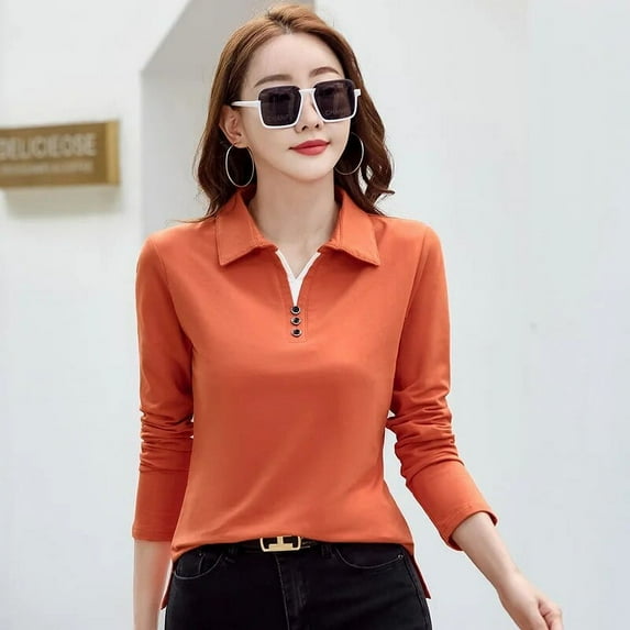 Korean Fashion Autumn Women’s Polo Shirt Cotton Long Sleeve T-Shirt With Button Solid Candy Color Knit High Quality Women Polo