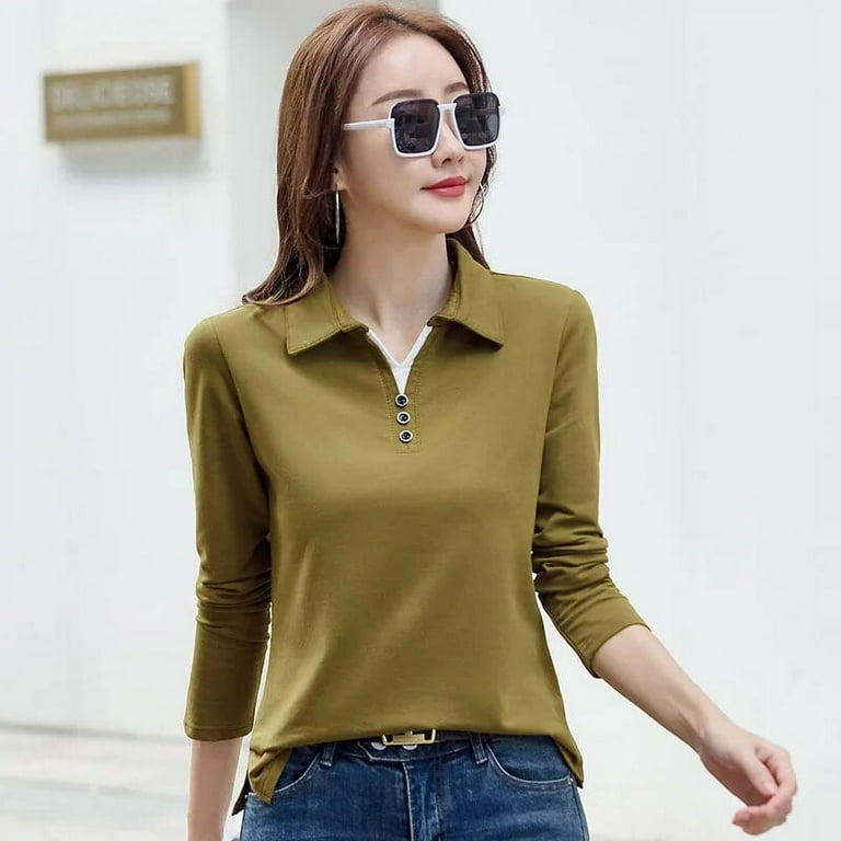 Korean Fashion Autumn Women s Polo Shirt Cotton Long Sleeve T Shirt With Button Solid Candy Color Knit High Quality Women Polo
