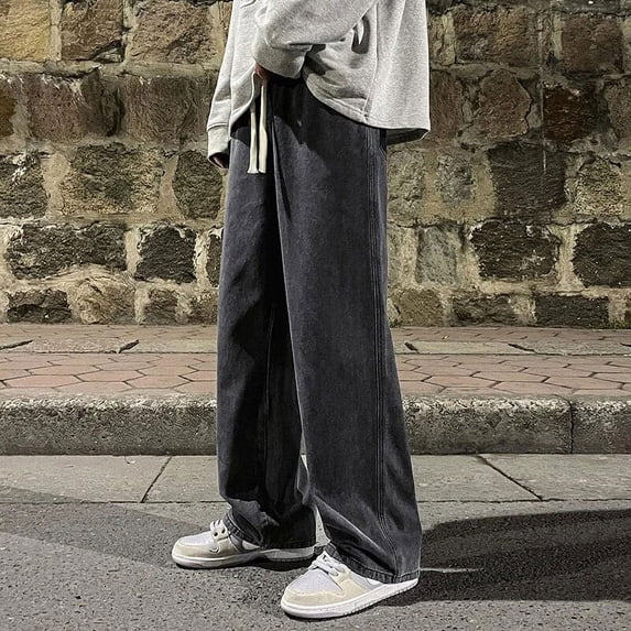 Korean Fashion Men's Baggy Jeans Elastic Waist Classic olid Color Straight-leg Denim Wide-leg Pants Male Light Blue Grey Black