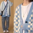 thumbnail image 1 of Korean Fashion Plaid Cardigan Sweater Women Japanese Style Oversized V-neck Knitted Jumper Female Vintage Autumn Coats-Blue-L, 1 of 7