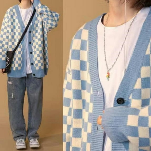 Korean Fashion Plaid Cardigan Sweater Women Japanese Style Oversized V-neck Knitted Jumper Female Vintage Autumn Coats-Blue-L
