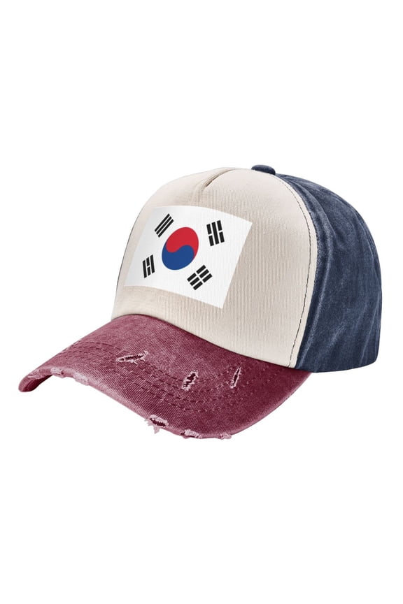 Korean Flag Baseball Cap Distressed Adjustable Vintage Cotton Denim Hat for Women Men
