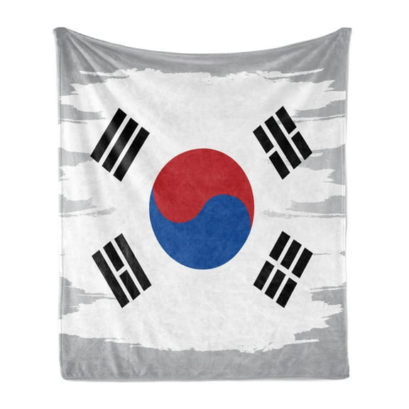 Korean Flag Soft Flannel Fleece Throw Blanket, Grunge Brush Paint on Backdrop Effect, Cozy Plush for Indoor and Outdoor Use, 50" x 70", Grey Multicolor, by Ambesonne