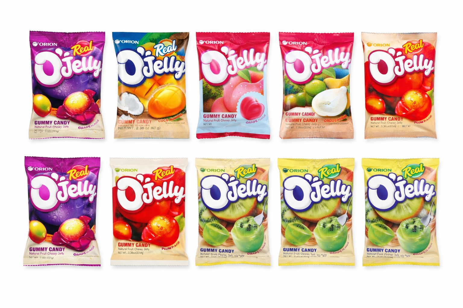 Korean Fruit Jelly Candy Variety Pack – Chewy Gummy Snacks, 5 Flavors (Grape, Plum, Peach, Kiwi, Coco Mango) – Large 2.36 oz Bags – Best Value 10 Pack