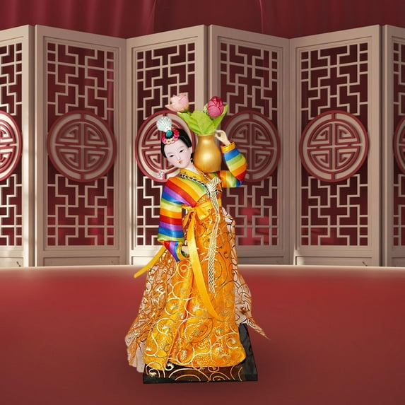 Korean Geisha Figurine Hanbok Dolls 12 inch Miniature Free Standing Korean Hanbok Geisha Doll Kabuki Statue for Home Office Tabletop Decor Colorful and Orange