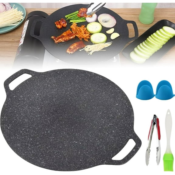 Korean Grill Pan for Indoor Cooking, Non Stick Round Baking Pan, Consecutive T Nonstick Round Griddle Grill Pan for Korean BBQ, Multifunctional Stove Plate for Meats, Pancakes, Ribs, 11.02in