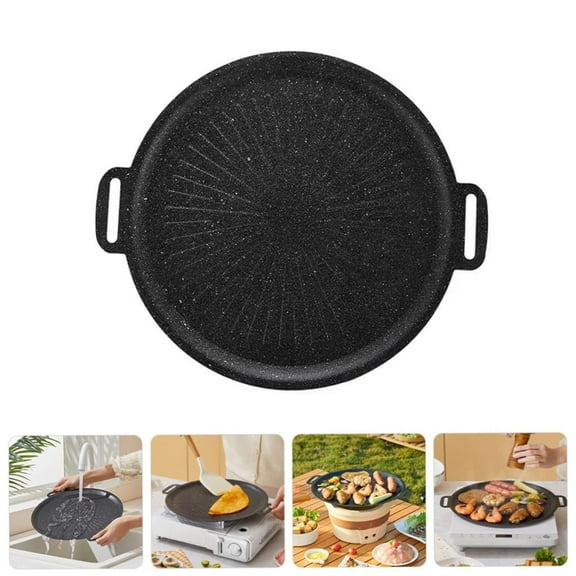 Korean Grill Pan, Nonstick Round BBQ Griddle Pan, Stove Top & Outdoor Cooking, Portable Pancake Pan, Hangable Handles, 13.4 Inch (34 cm)