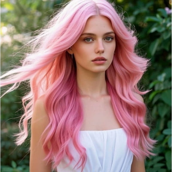 Korean High-Temperature Silk Long Curly Wig Light Pink Bangs Large Wavy Synthetic Hair for Women Heat Resistant Adjustable Cap