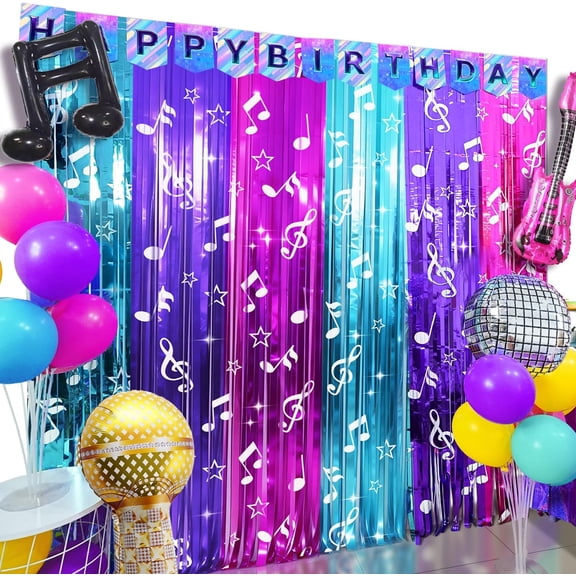 Korean Idol Movie Birthday Party Decoration, 2 Pack Korean Pop Themed Party Backdrop Photo Booth Prop, Pop Music Notes Print Fringe Curtains Tinsel Photo Streamers for Hunter Theme Party Supplies