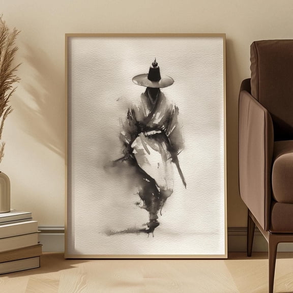 Korean Ink Wash Wall Art Print Traditional Hanbok Man Calligraphy Style Painting Asian Decor Gift For Him Minimalist Home Study Office