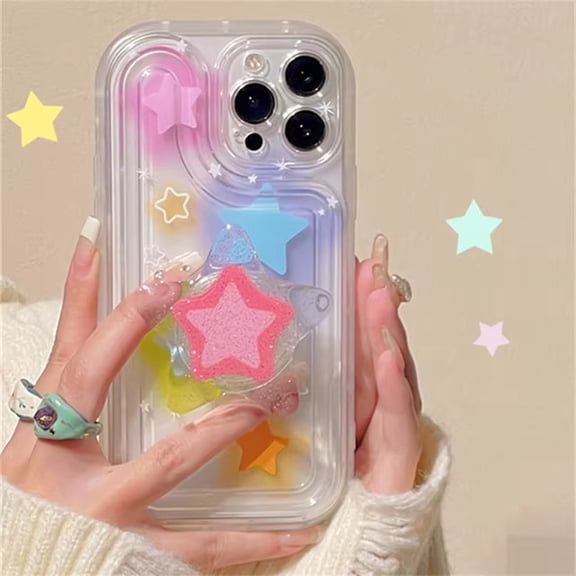 Korean Japan 3D Glitter Star ring stand Holder case for iPhone 15 14 13 12 11 pro Max Plus ins cute candy color clear soft cover