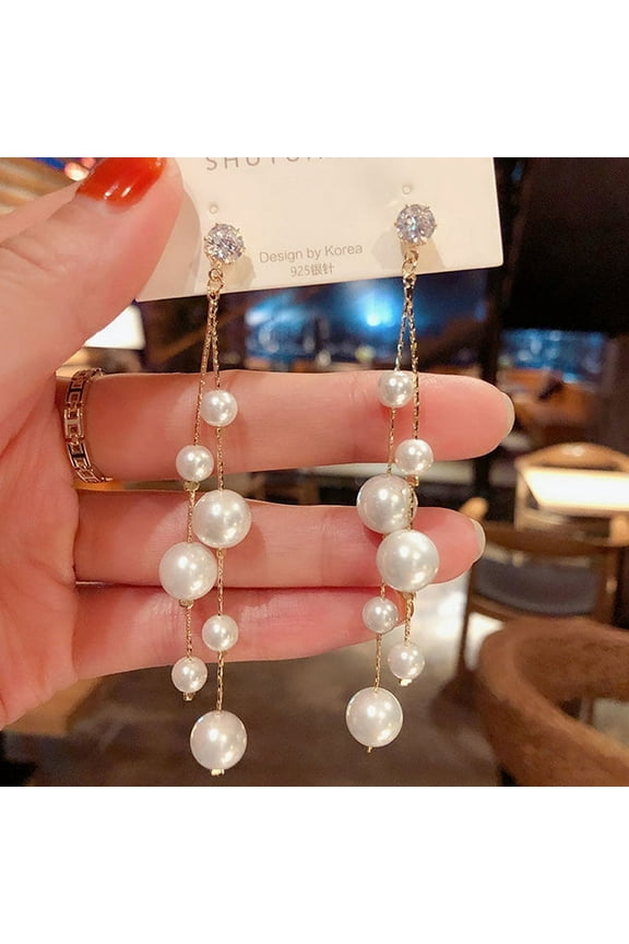 Elegant Simulated Pearls Long Dangle Earrings For Women Vintage White Round Pearl Wedding Earrings Gift