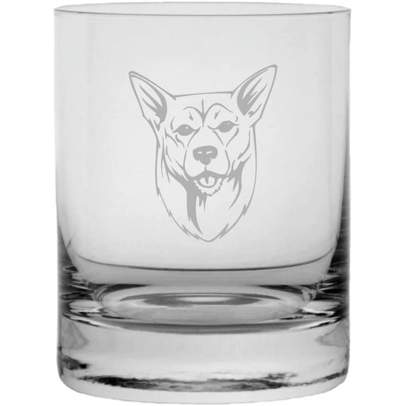 Korean Jindo Dog Themed Etched 11oz Crystal Rocks Whisky Glass