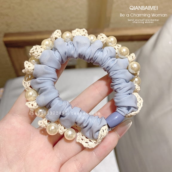 "Korean Minimalist Milky Blue Pearl Hair Tie with Lace Trim Stylish Small Puff Hairband for Buns & Ponytails, Durable Elastic"