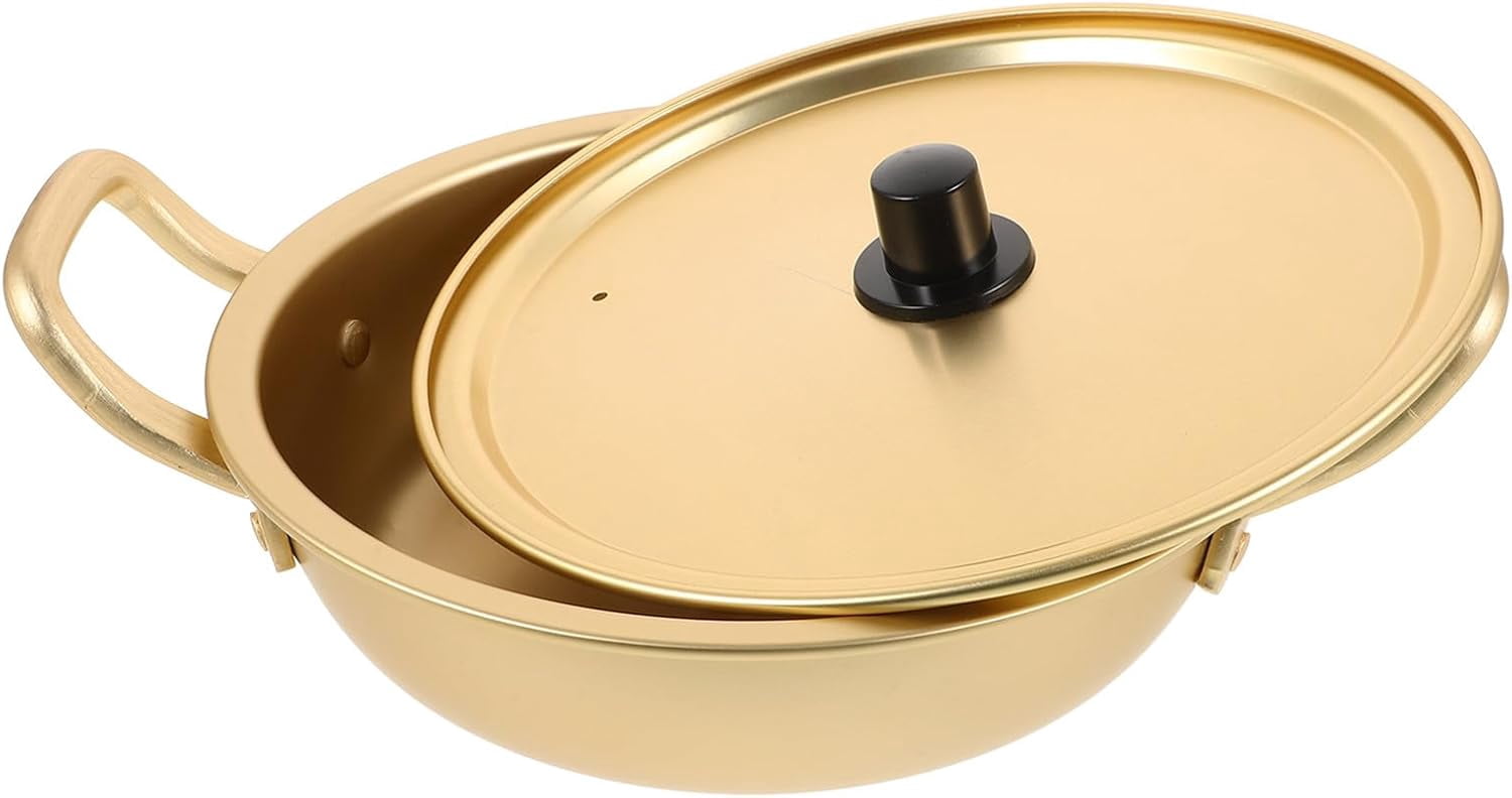 Korean Noodle Cooking Pot 18cm Non-stick Yellow Aluminum Soup Pot with Lid Double Handles Portable Cookware for Instant Ramen and Household Kitchen Use