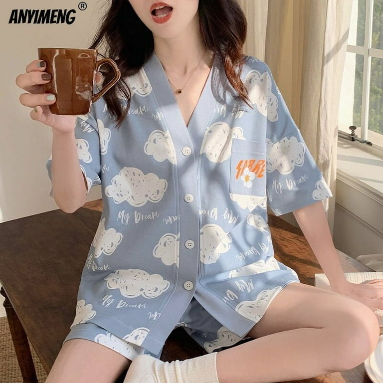 Korean Pajamas Set for Women Summer Loungewear Sleepwear Girls Sweet Lapel  Pyjama Kawaii Bear Printed Pijamas Japanese Home Suit
