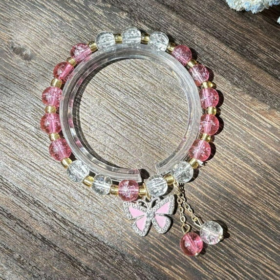 Korean Pink Crystal Flowers Butterfly Pendant Beaded Bracelet For Woma3d8