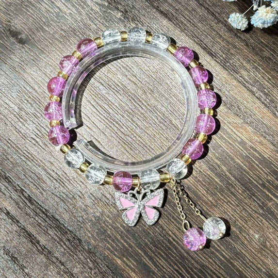 Korean Pink Crystal Flowers Butterfly Pendant Beaded Bracelet For Women N4I