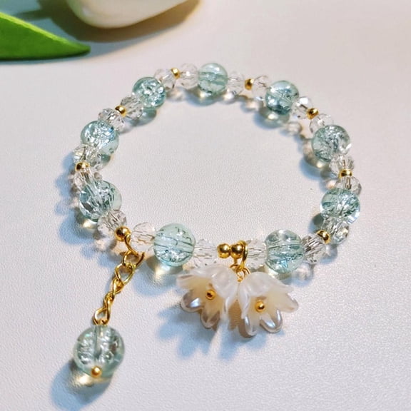 Korean Pink Crystal Flowers Butterfly Pendant Beaded Bracelet For Women