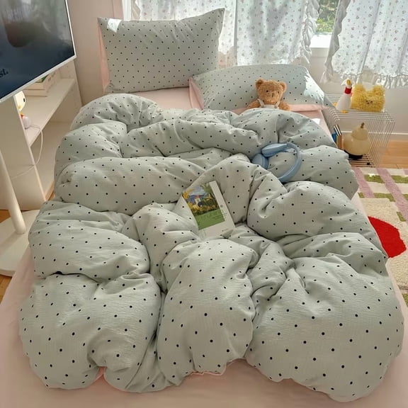 Korean Polka Dot Queen Bedding Set - 4-Piece Microfiber Collection