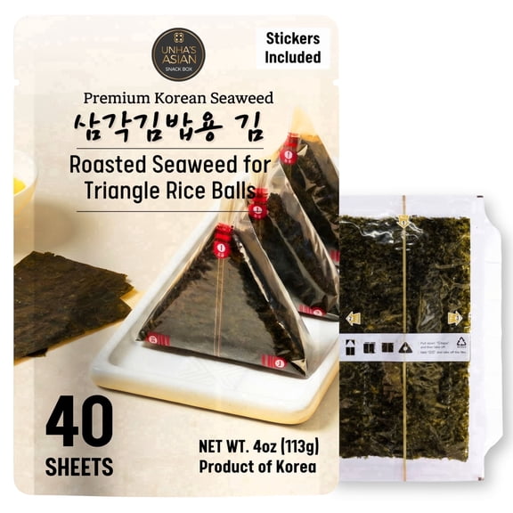 UNHA'S Korean Onigiri Seaweed Wrappers, Roasted Triangle Nori for Rice Balls, 40 Count