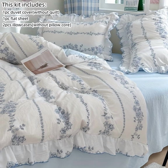 Korean Princess Style Ruffle Bedding Set - 4pcs Duvet Cover, Bed Sheet & Pillowcases for Elegant Bedroom Decor