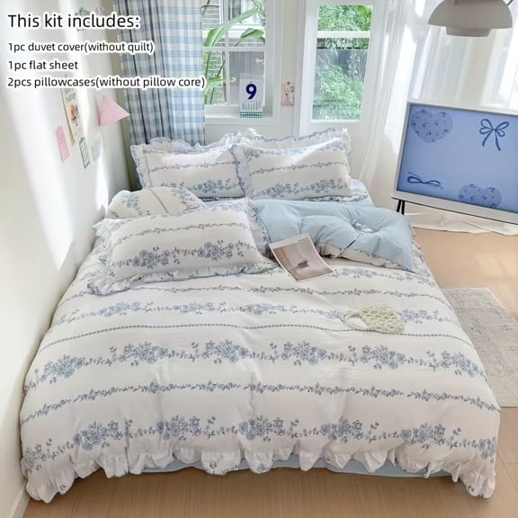 Korean Princess Style Ruffle Bedding Set - 4pcs Duvet Cover, Bed Sheet, and Pillowcases for Elegant Bedroom Decor