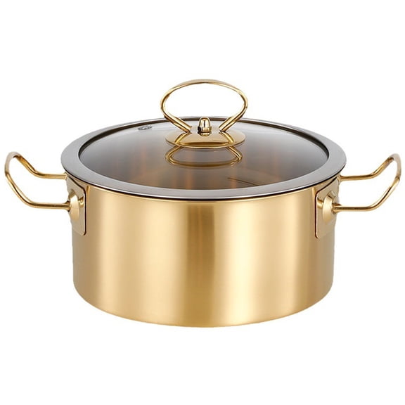 Korean Ramen Pot, Stainless Steel Induction Cooking Pot with Glass Lid, Golden Soup Noodle Pan with Dual Handles, Metal Small Saucepan for Boiling Ramyun