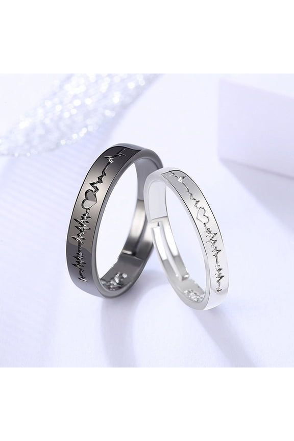 Korean Romantic Black And White Heart ECG Ring Fashion Geometry Pattern Couple Couple Rings