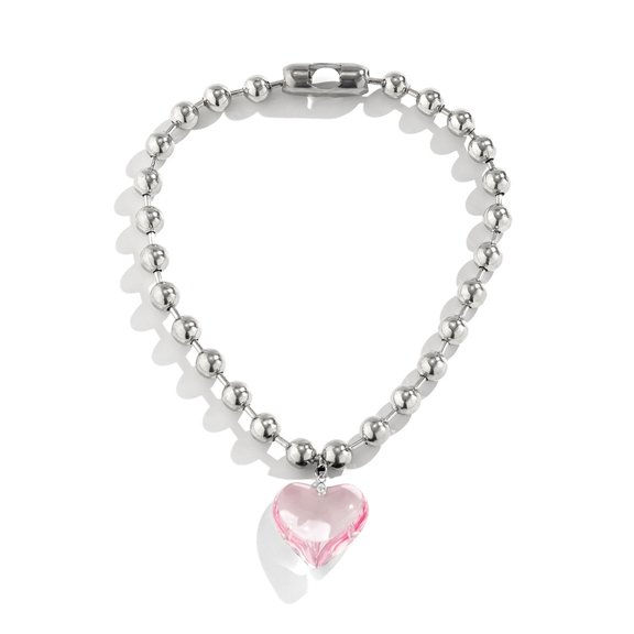 Korean Round Bead Chain Crystal Love-shape Pendant Necklace Female Simple Cold Wind Hip-hop Clavicle Chain