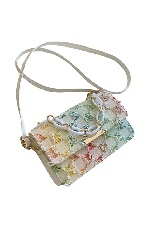 Korean Shoulder Bag with Adjustable Strap for Womens Chain Handle Denims Tassels Handbag Checkered Jeans Crossbody Purse