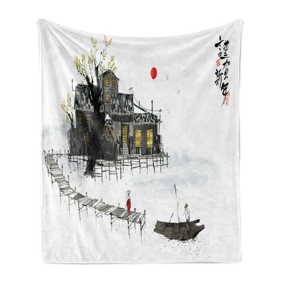 Korean Soft Flannel Fleece Throw Blanket, Traditional View of Landscape with Calligraphy, Cozy Plush for Indoor and Outdoor Use, 50" x 70", Dark Grey White, by Ambesonne