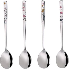 Korean Soup Spoons, 18/8 Stainless Steel Long Handle 8 Inch Tablespoon, Asian Metal Dinner Spoons, Set of 4 (flowers)